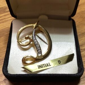 Elegant Tacoa Gold Tone & Silver Script Initial D Brooch Pin Original Box